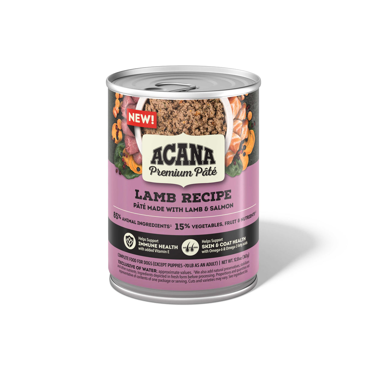 Image of a can of Acana premium pate lamb recipe. made with lamb and salmon