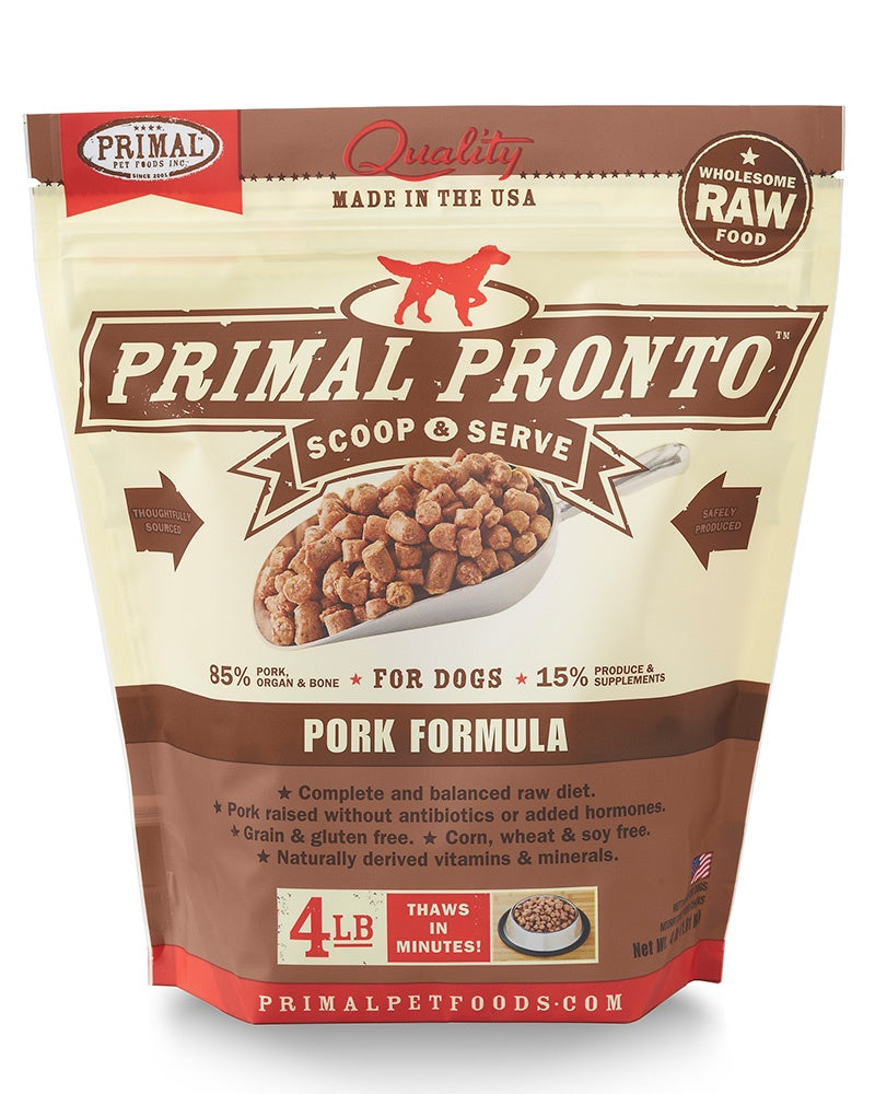 Image of a bag of primal pronto scoop and serve pork formula raw dog food.