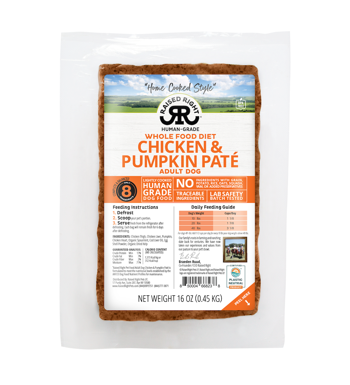 Raised Right Frozen Chicken & Pumpkin Adult Dog Recipe 16oz