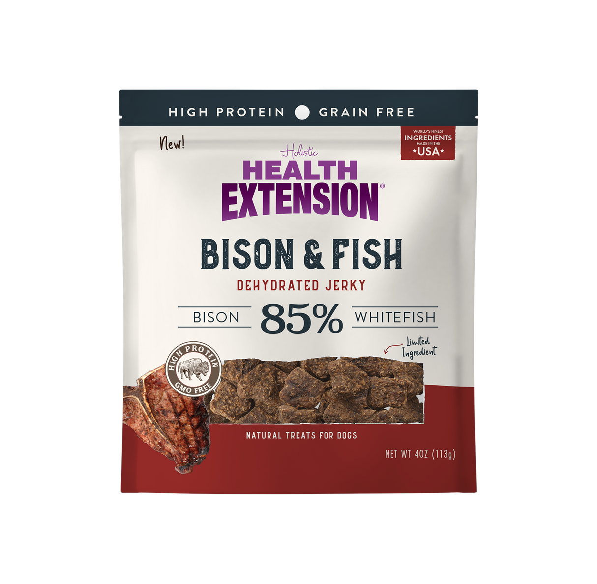 Health Extension Bison & Fish Jerky Dog Treats 4oz
