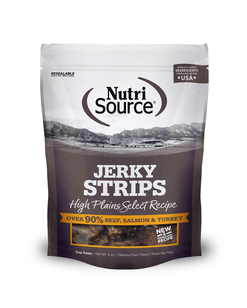 NutriSource Jivin' Jerky Strips Beef, Salmon & Turkey Dog Treats 4oz