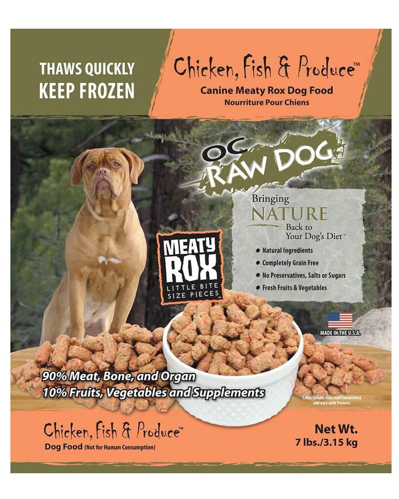 Image of a bag of OC Raw dog food meaty rox. chicken, fish, and produce recipe. Frozen.