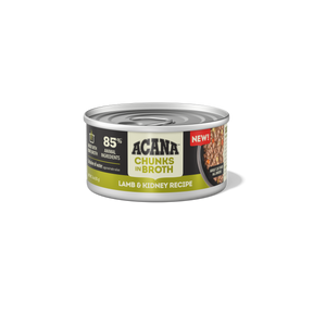 Image of a can of Acana lamb and kidney recipe chunks in broth, cat food.