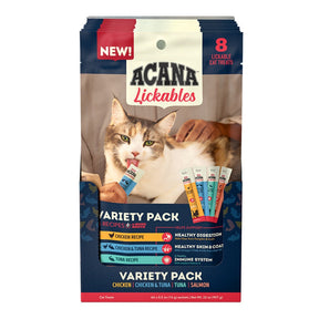 Image of a bag of Acana lickables 8 pack. Lickable cat treats featuring a variety pack, which includes chicken, chicken and tuna, tuna and salmon.
