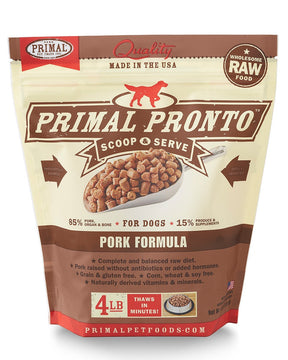 Image of a bag of primal pronto scoop and serve pork formula raw dog food.