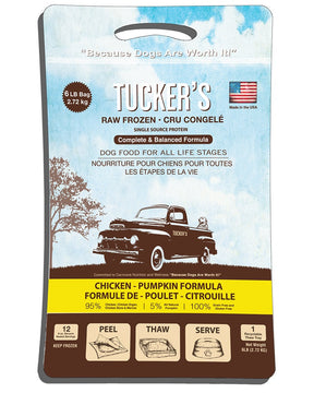 Image of bag of Tucker's raw frozen dog food. Chicken and pumpkin formula.