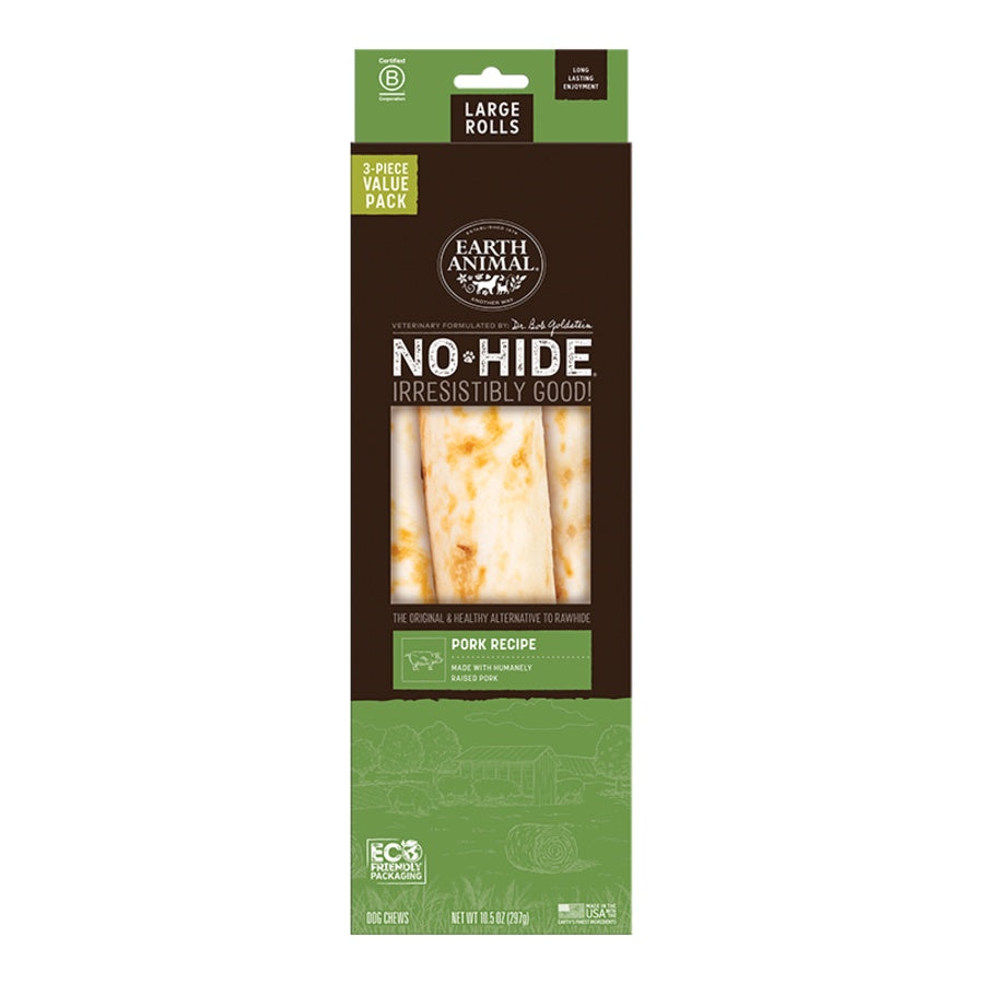 Earth Animal Pork No-Hide® Large 11" Roll Dog Chews Value Pack - 3pk