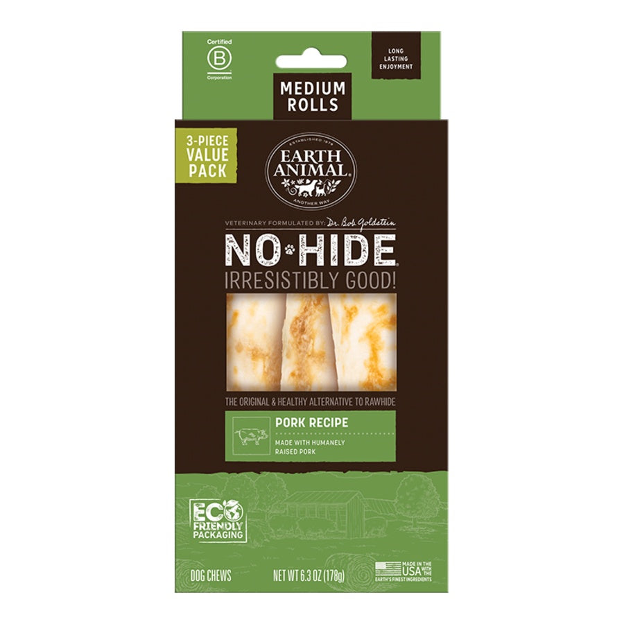 Earth Animal Pork No-Hide® Medium 7" Roll Dog Chews Value Pack - 3pk