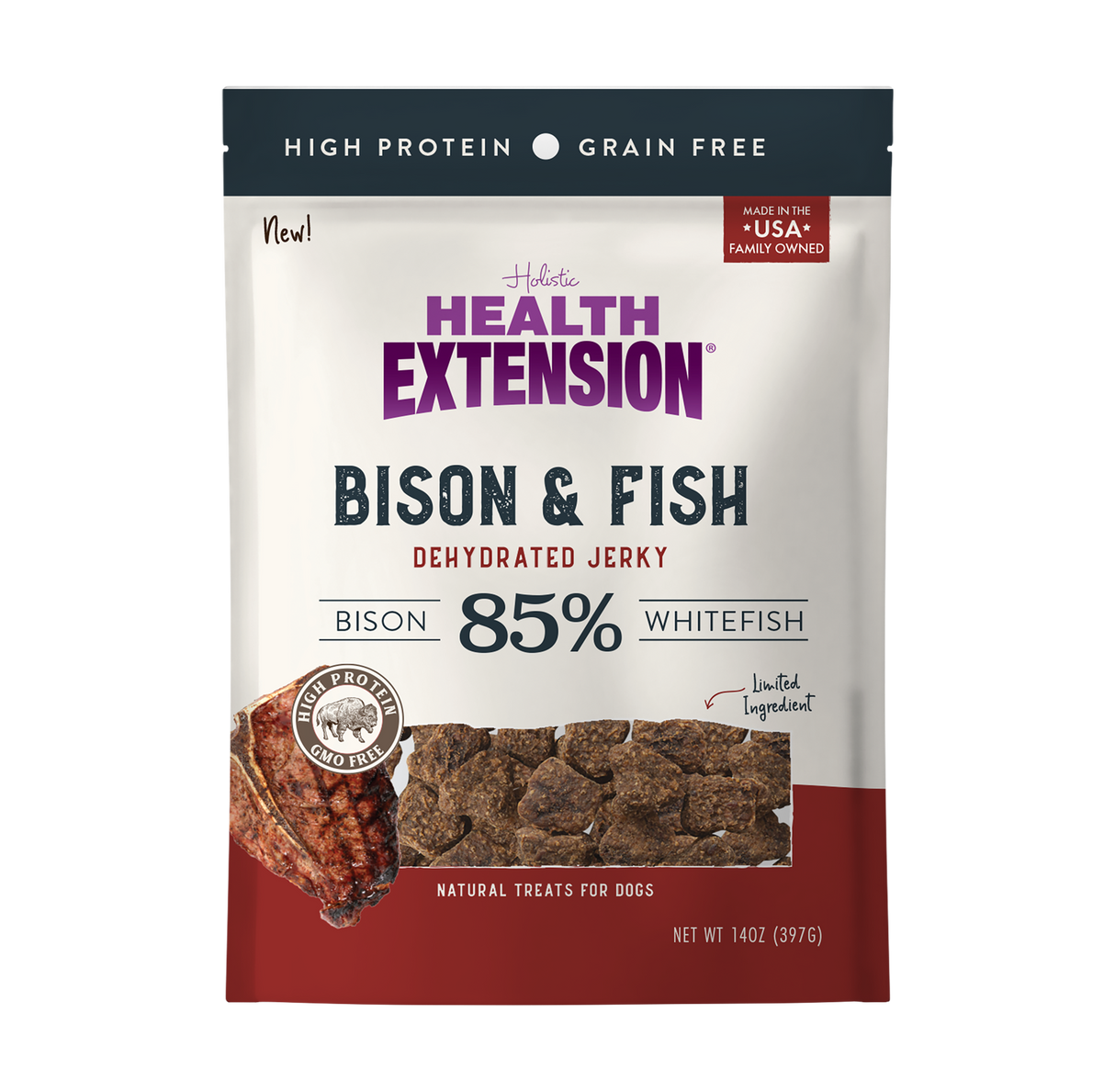 Health Extension Bison & Fish Jerky Dog Treats 14oz