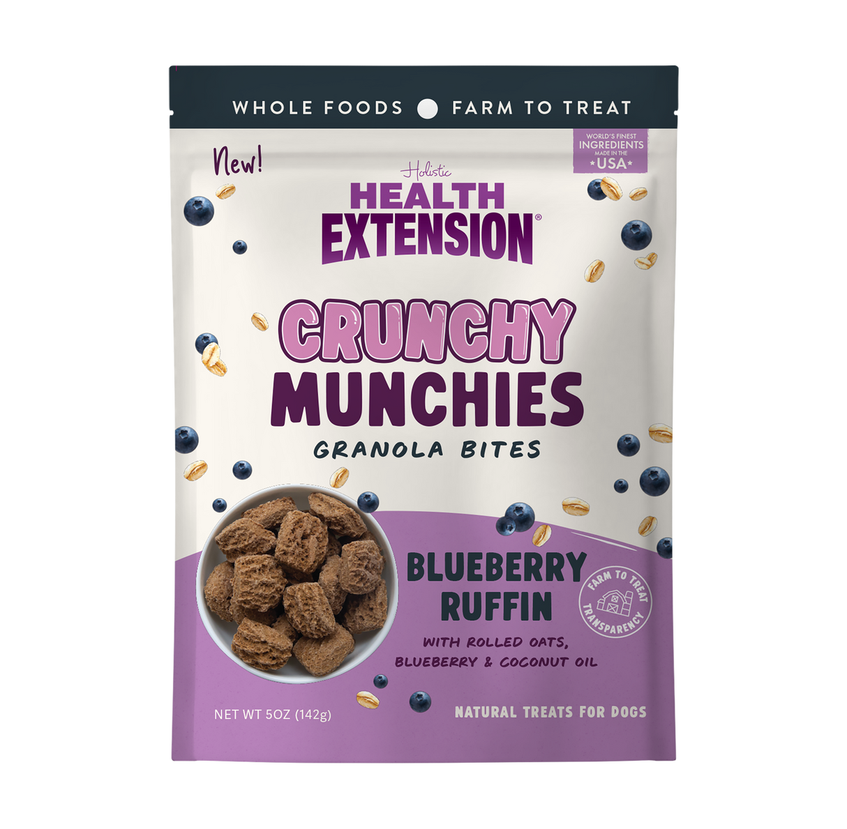 Health Extension Crunchy Munchies Blueberry Ruffin Dog Treats 5oz
