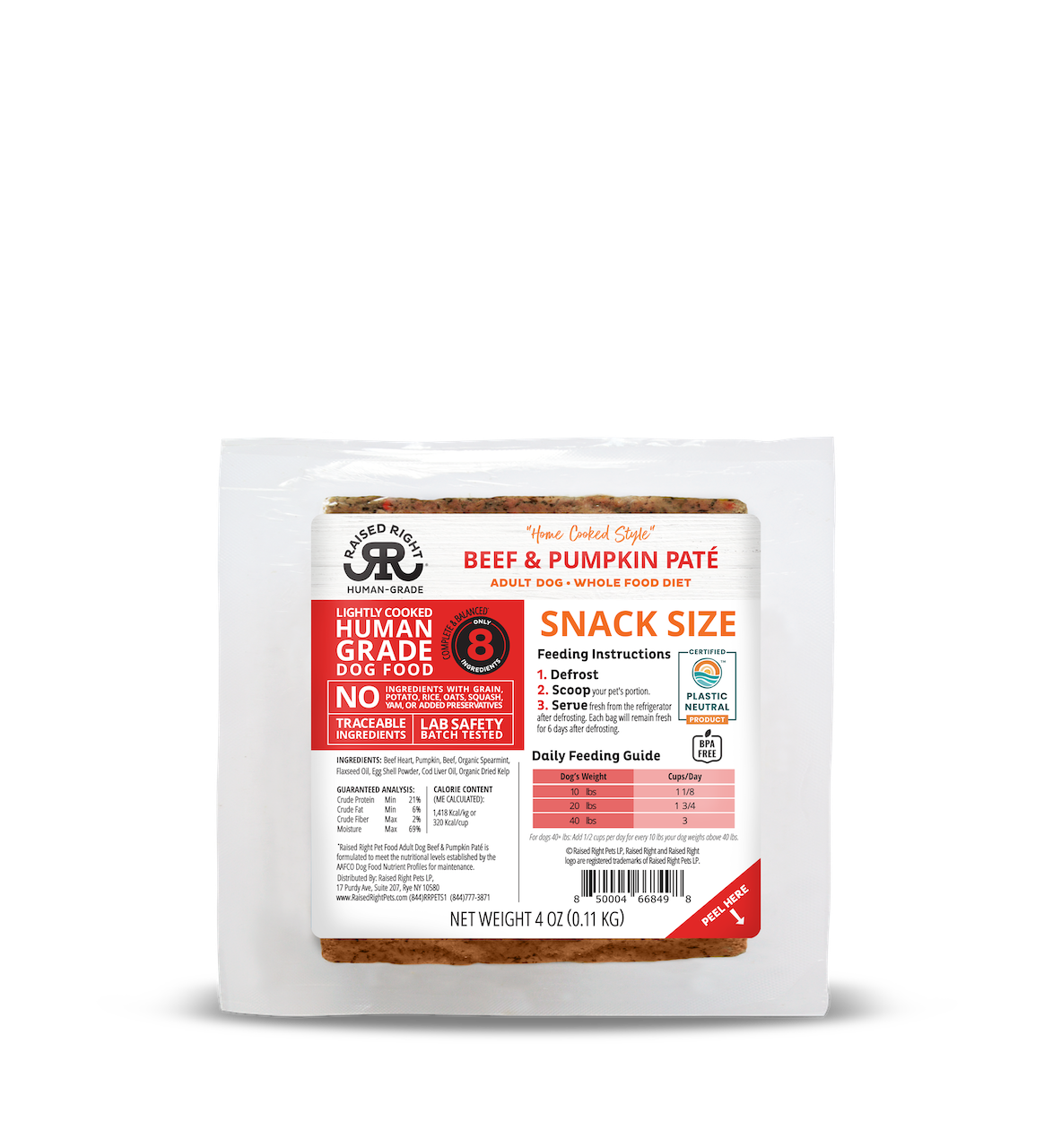 Raised Right Frozen Beef & Pumpkin Adult Dog Recipe 4oz