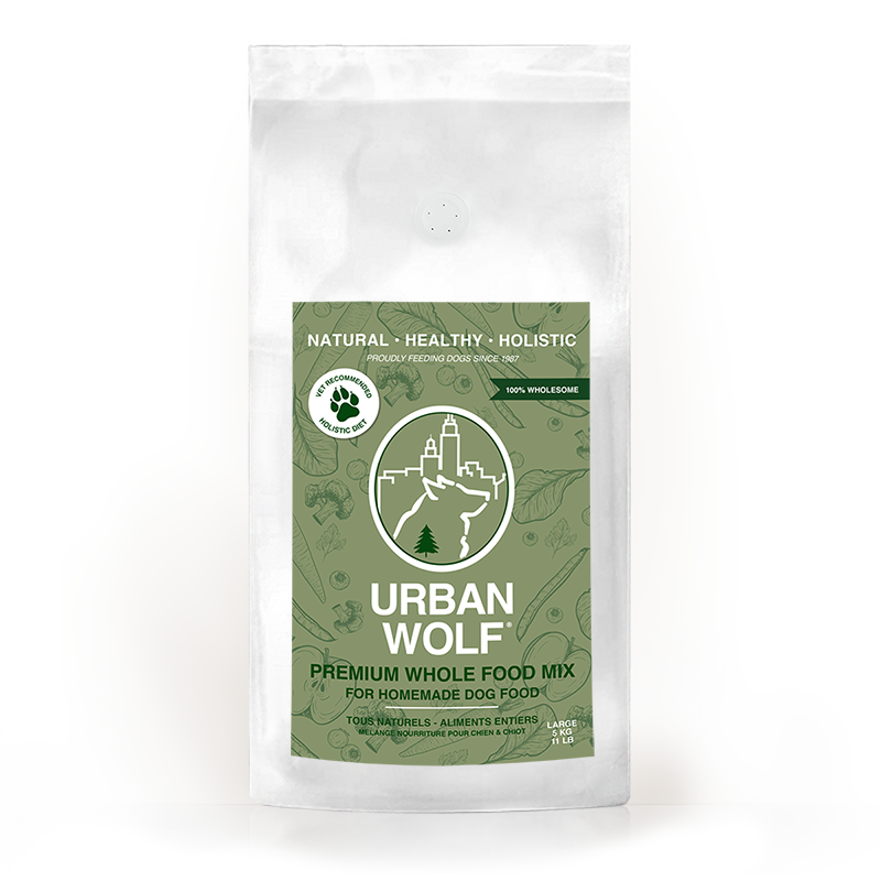 Urban Wolf all-natural grain-free canine dietary base mix label with feeding instructions, ingredients, preparation directions, and nutritional information for homemade raw or cooked dog food