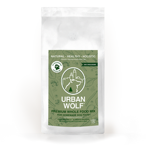 Urban Wolf all-natural grain-free canine dietary base mix label with feeding instructions, ingredients, preparation directions, and nutritional information for homemade raw or cooked dog food