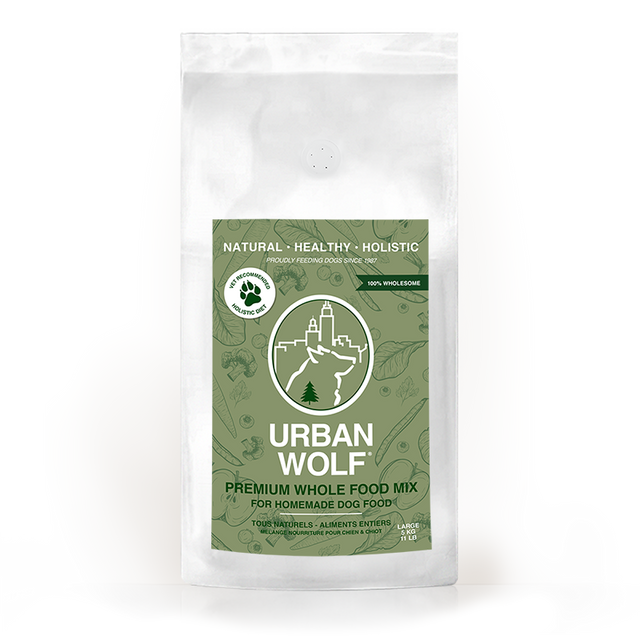 Urban Wolf all-natural grain-free canine dietary base mix label with feeding instructions, ingredients, preparation directions, and nutritional information for homemade raw or cooked dog food