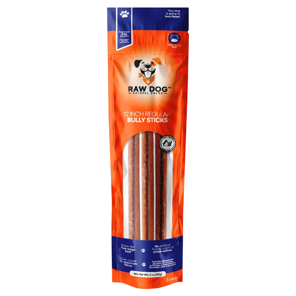 “Raw Dog 12" Low Odor Regular Bully Sticks for Dogs - 3ct