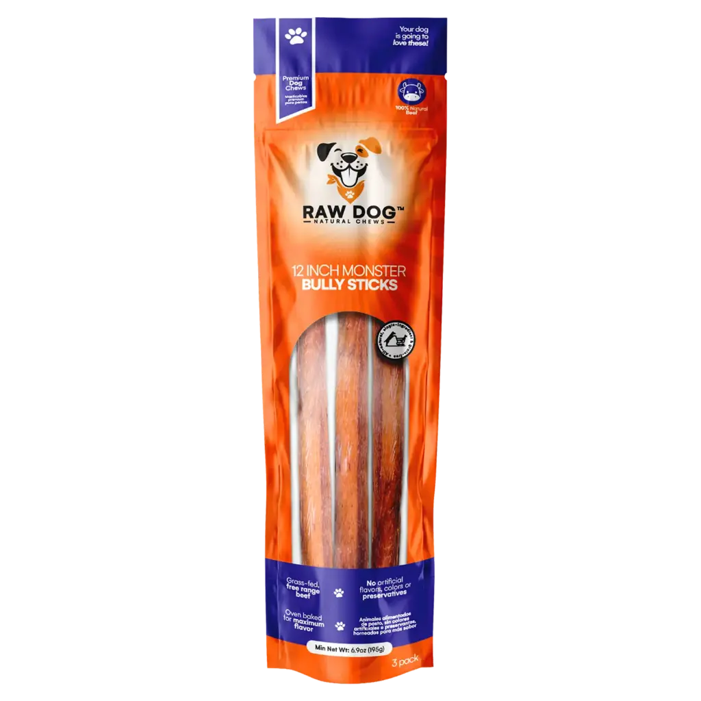 Raw Dog 12" Low Odor Monster Bully Sticks for Dogs - 3ct