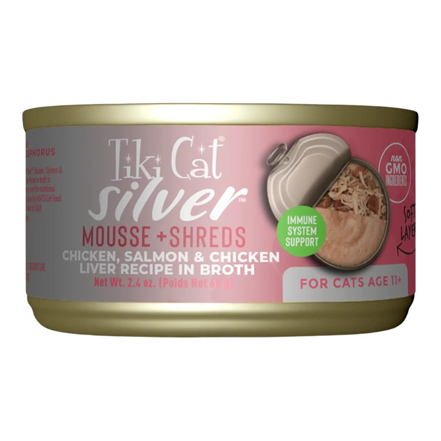 Tiki Cat Silver Senior Chicken, Salmon & Chicken Liver Mousse + Shreds Grain-Free Wet Cat Food 2.4oz